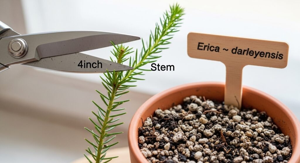 Close-up of Italian Heather stem cutting being prepared for propagation in acidic soil