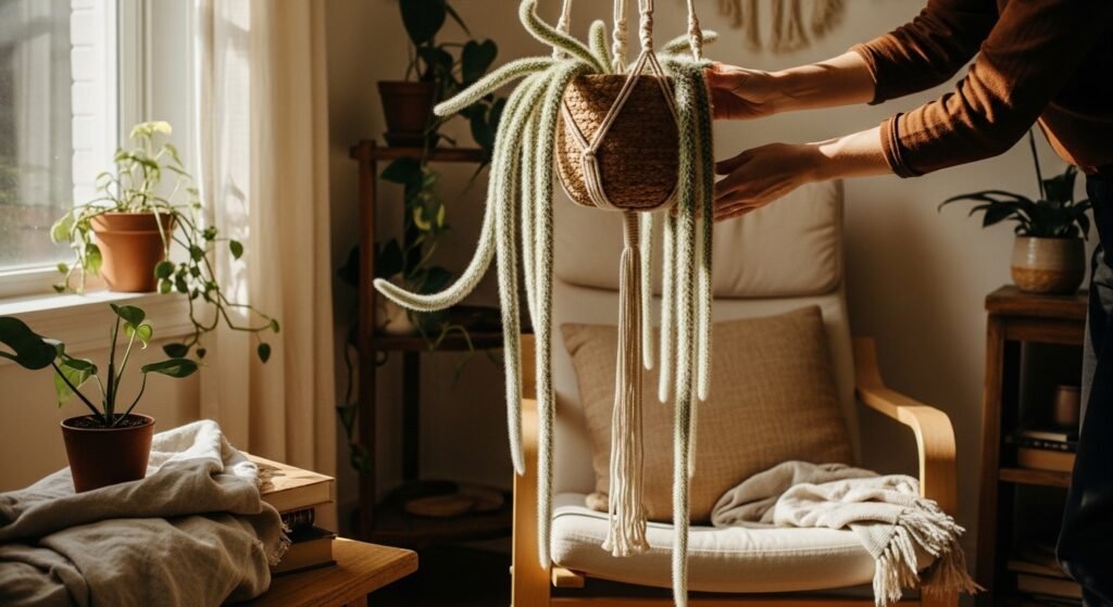 Monkey Tail Cactus in a macramé hanger styled in a bright sunny living room