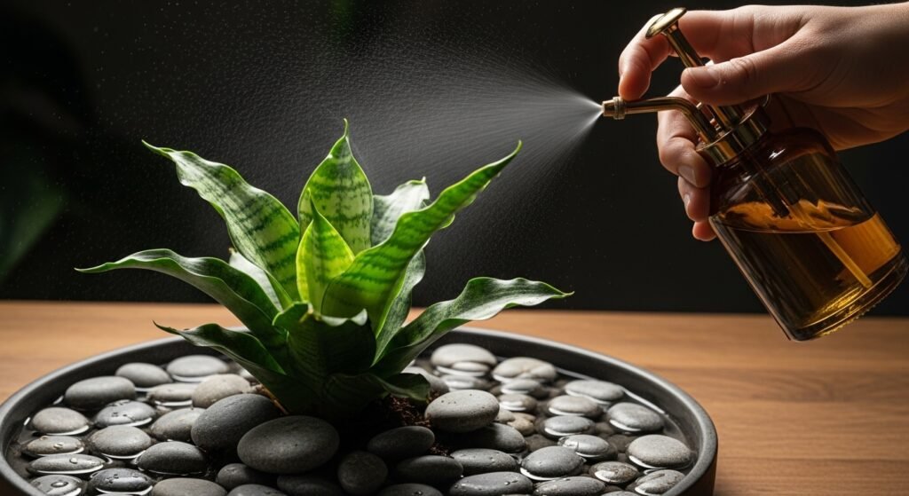 Misting a Rattlesnake Plant on a pebble tray to increase indoor humidity