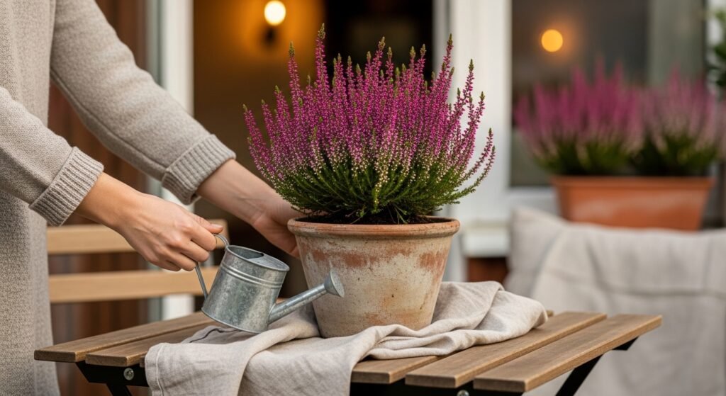 Potted Italian Heather plant on a wooden table being watered with a vintage can