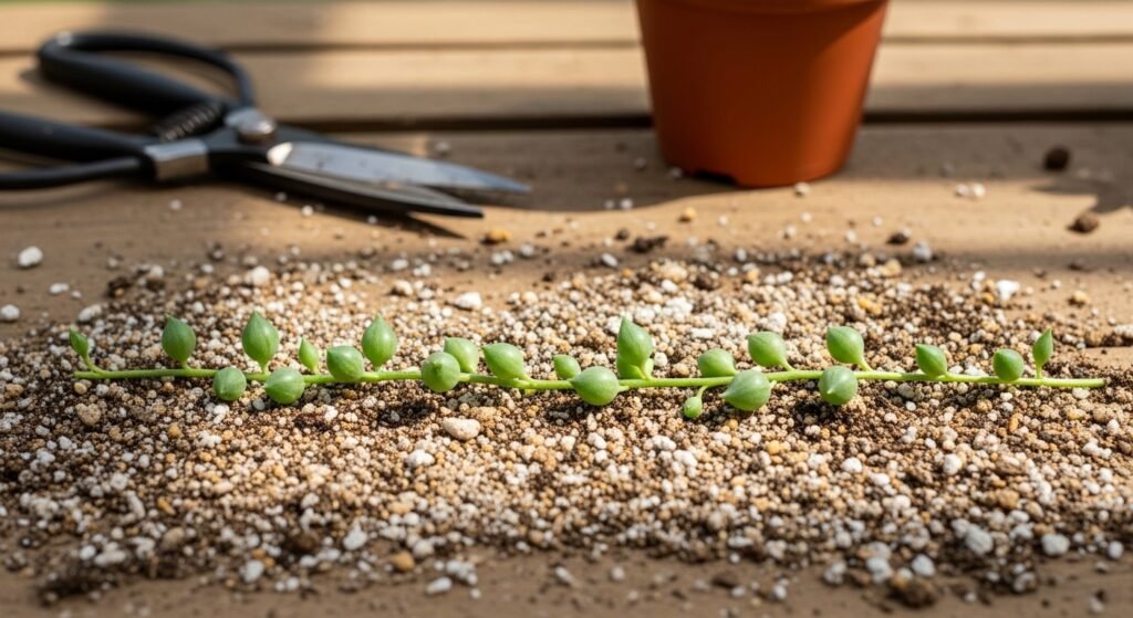 Propagating String of Tears stem cutting by laying it flat on gritty succulent soil