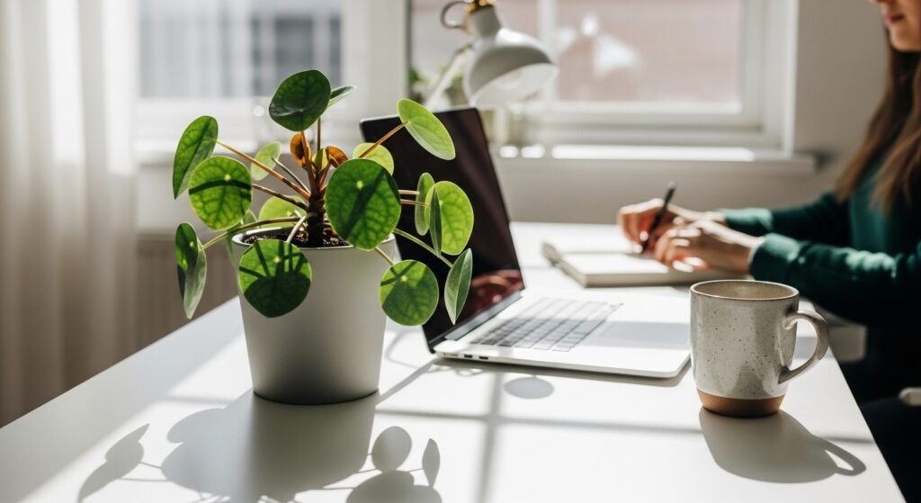Pilea plant styled on a modern office desk for a productive workspace environment