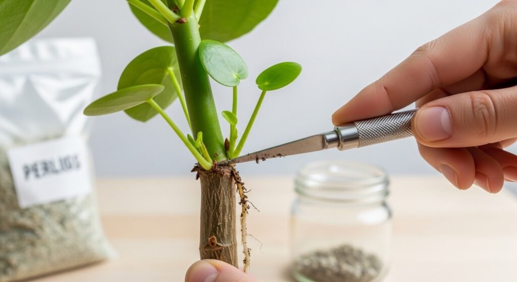 Separating a baby Pilea pup from the mother plant for propagation in soil