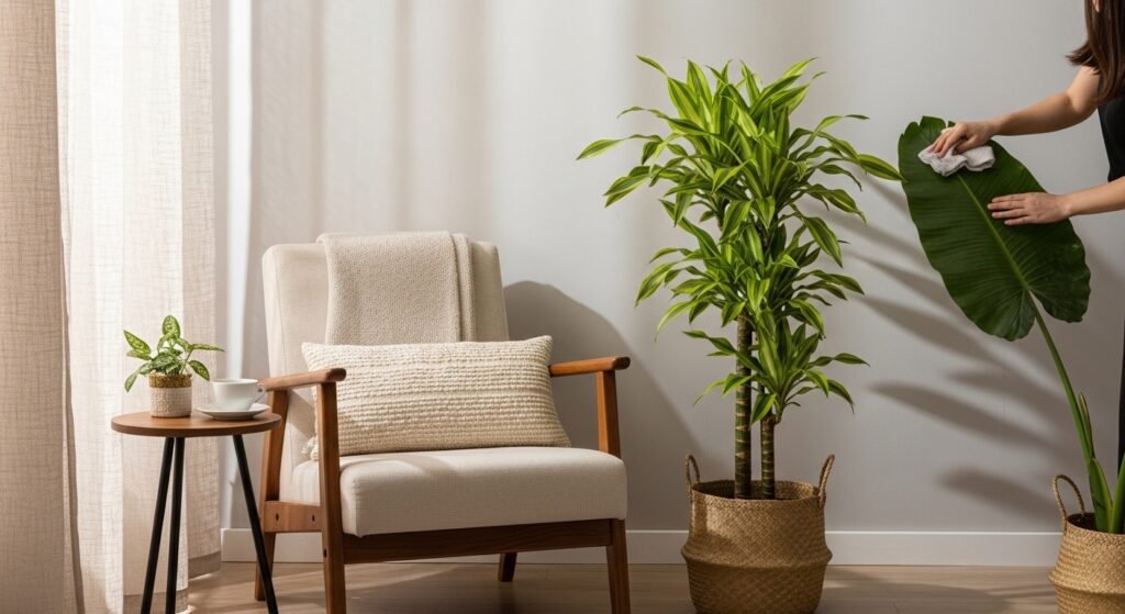 Styled Dracaena Lemon Lime plant in a cozy living room corner with sunlight