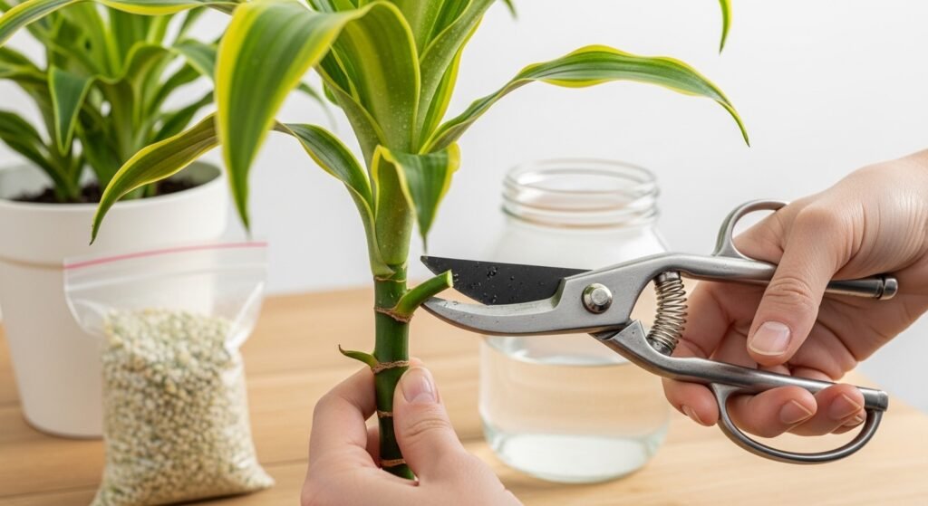 Taking a stem cutting from a Dracaena Lemon Lime plant for water propagation