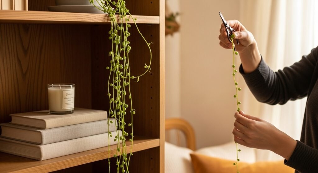 Trailing String of Tears plant on a wooden bookshelf with hands pruning a vine