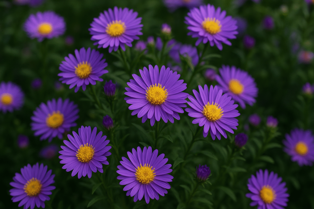 Purple Aster flowers with yellow centers in full bloom