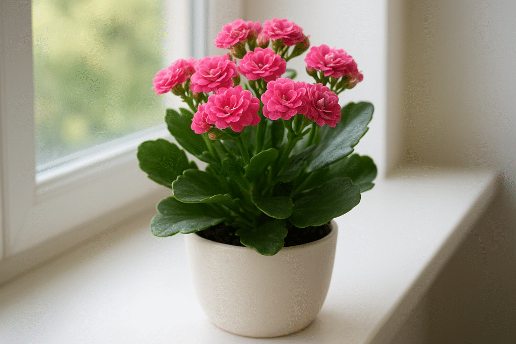 Calandiva plant with pink rose-like flowers in a white ceramic pot near a sunny window