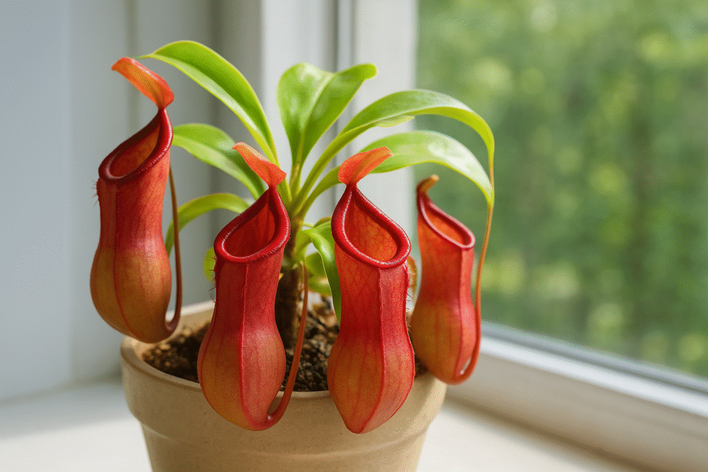 Pitcher Plant with red pitchers growing indoors
