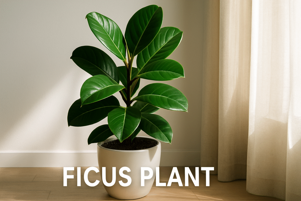 A lush green ficus plant in a white ceramic pot placed near sunlight, showing glossy leaves and natural indoor beauty.