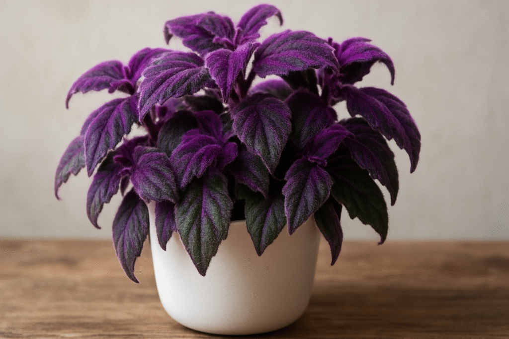 A stunning Purple Passion Plant in a white pot, showing deep purple, velvety leaves with fine hairs under soft natural light