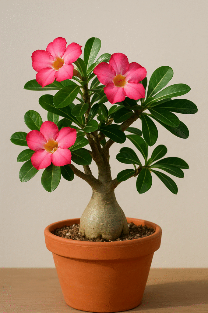 Desert Rose plant with vibrant pink flowers and a thick caudex in a terracotta pot