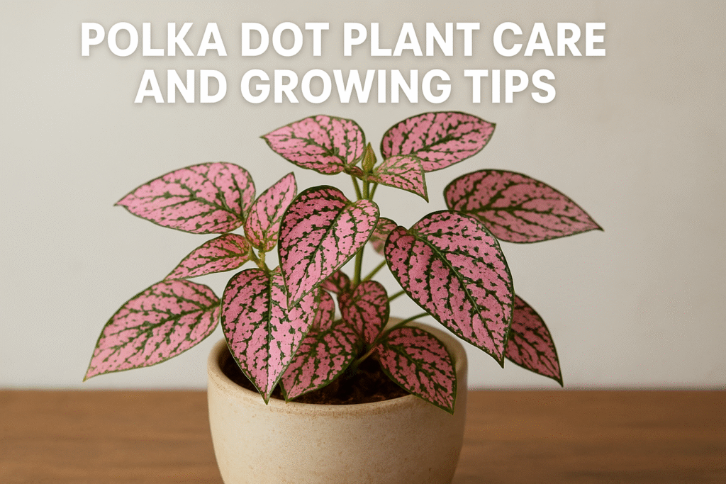 Colorful Polka Dot Plant with pink spotted leaves in a ceramic pot.