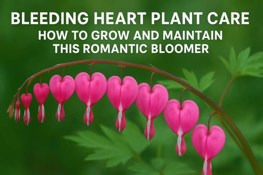Pink Bleeding Heart flowers hanging from a green arching stem.