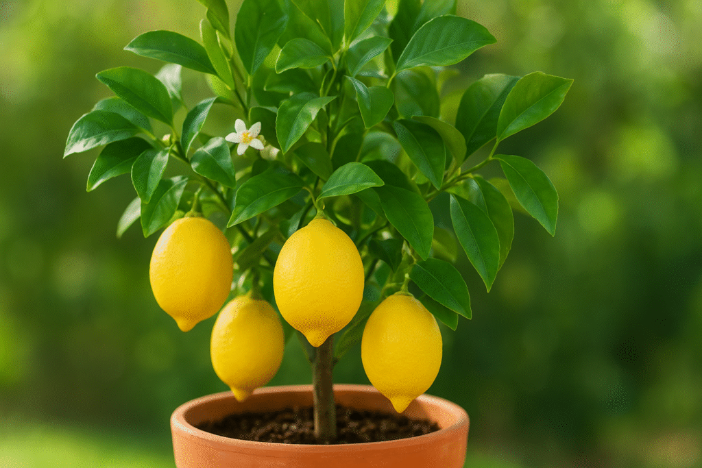 Healthy Lemon Plant with Fruits in Pot