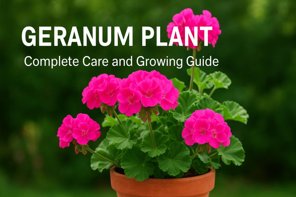 Beautiful pink Geranium plant in a pot with green leaves