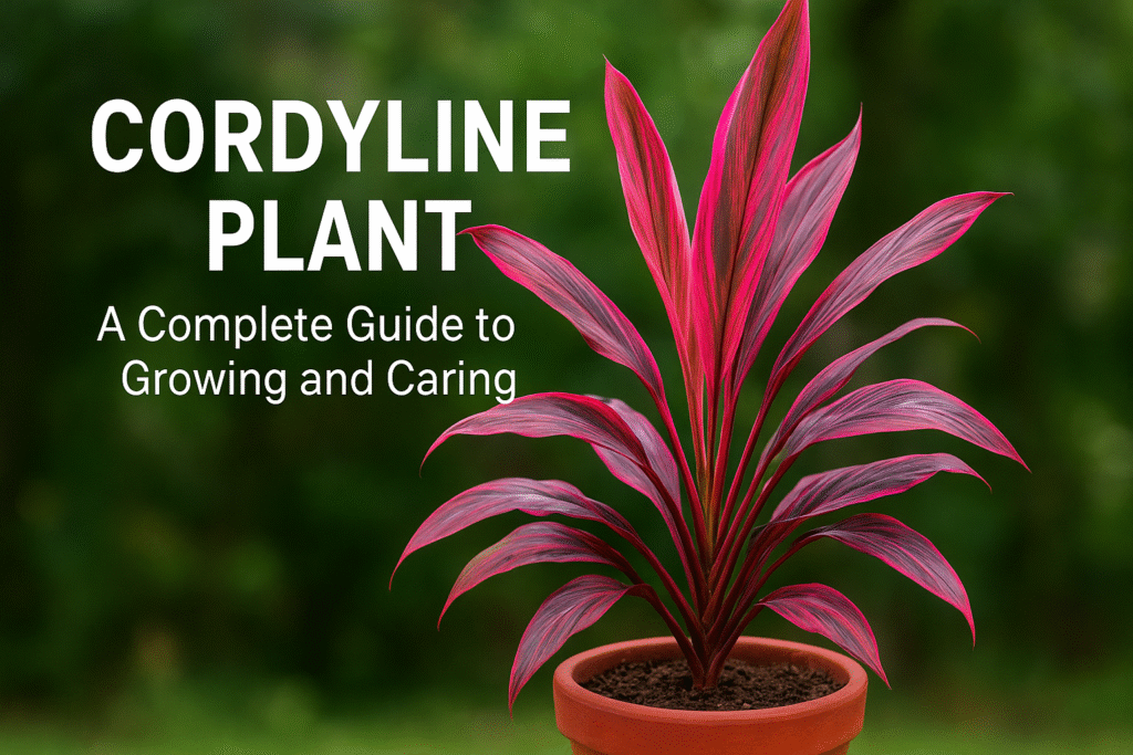 Cordyline plant with pink and burgundy leaves in a terracotta pot against a green background