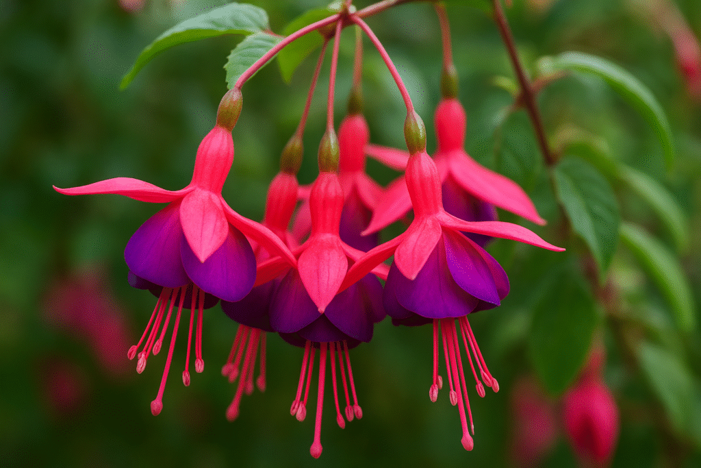 Vibrant Fuchsia flowers hanging gracefully with pink and purple petals among green leaves.