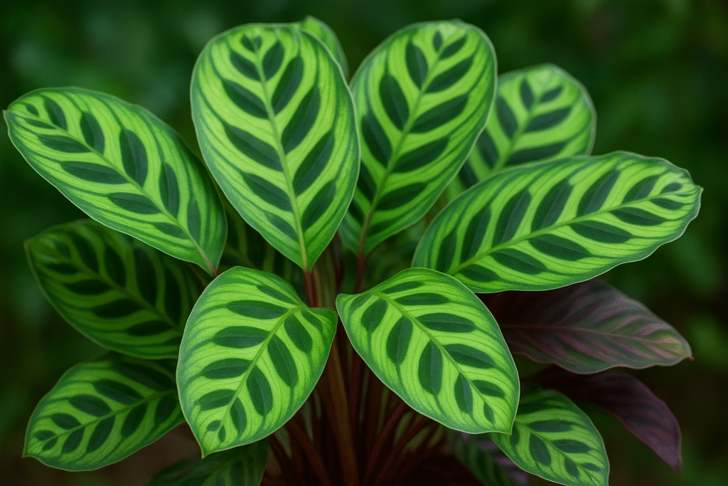 A vibrant Calathea plant with beautifully patterned green leaves and deep purple undersides.