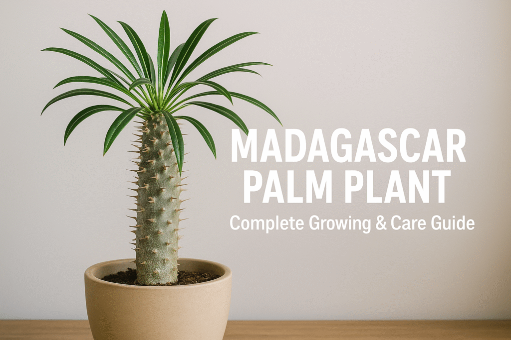 A healthy Madagascar Palm (Pachypodium lamerei) in a pot with a thick spiny trunk and long green leaves, placed indoors on a wooden surface.