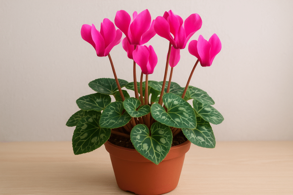 Cyclamen plant in a pot with bright pink flowers and heart-shaped patterned green leaves placed on a wooden surface indoors.