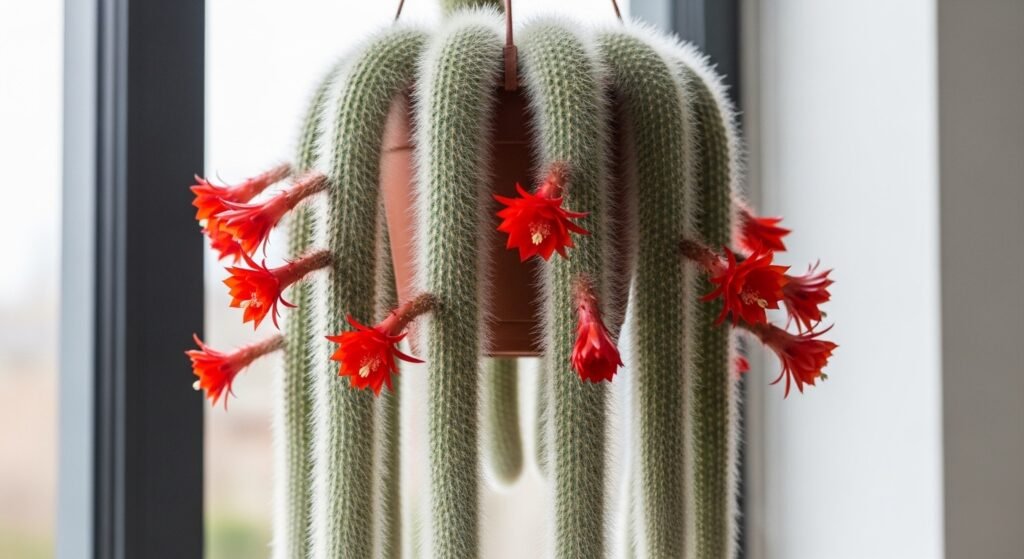 Cascading Monkey Tail Cactus with fuzzy white stems and bright red flowers in sunlight