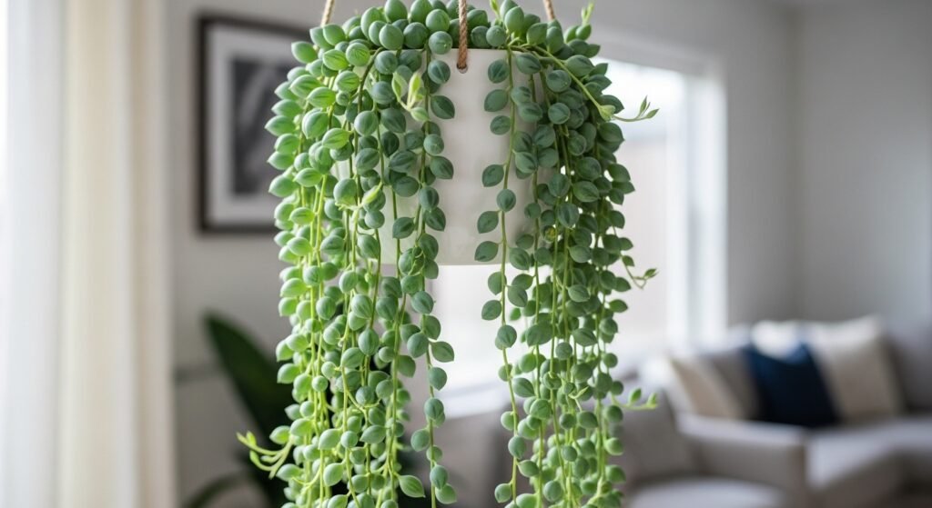 Cascading String of Tears succulent with bluish-green teardrop leaves in a white hanging pot