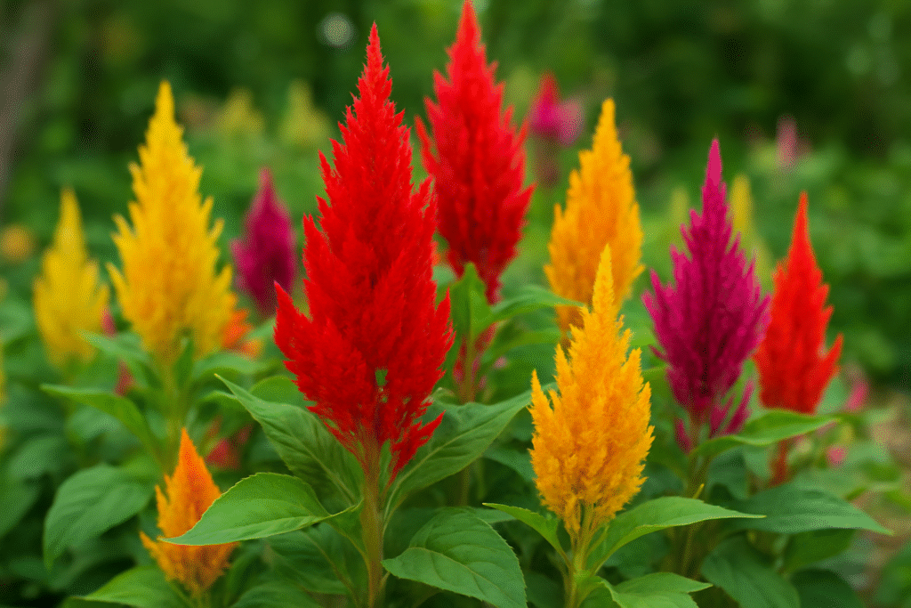 Colorful Celosia flowers with red, yellow, orange, and pink plumes growing in a garden, surrounded by fresh green leaves.