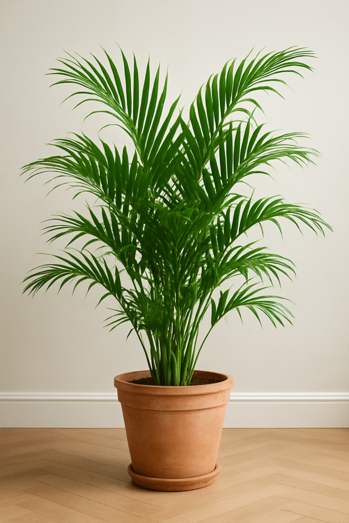 Green indoor palm plant placed in a bright living space with fresh tropical leaves.
