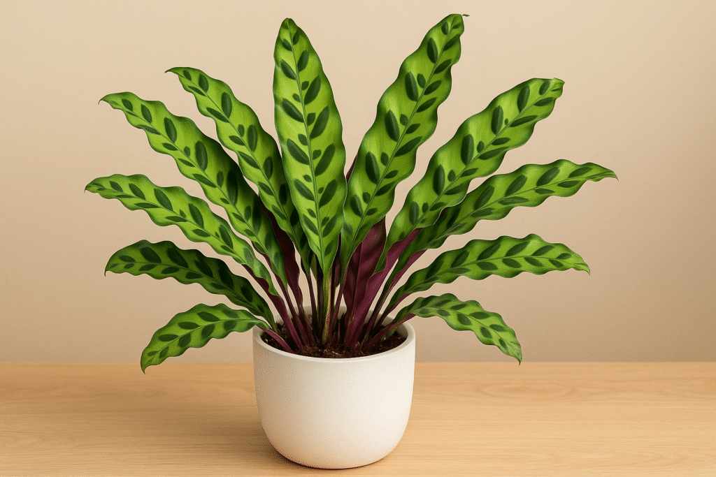 Rattlesnake Plant with green wavy leaves and purple undersides in a white indoor pot.