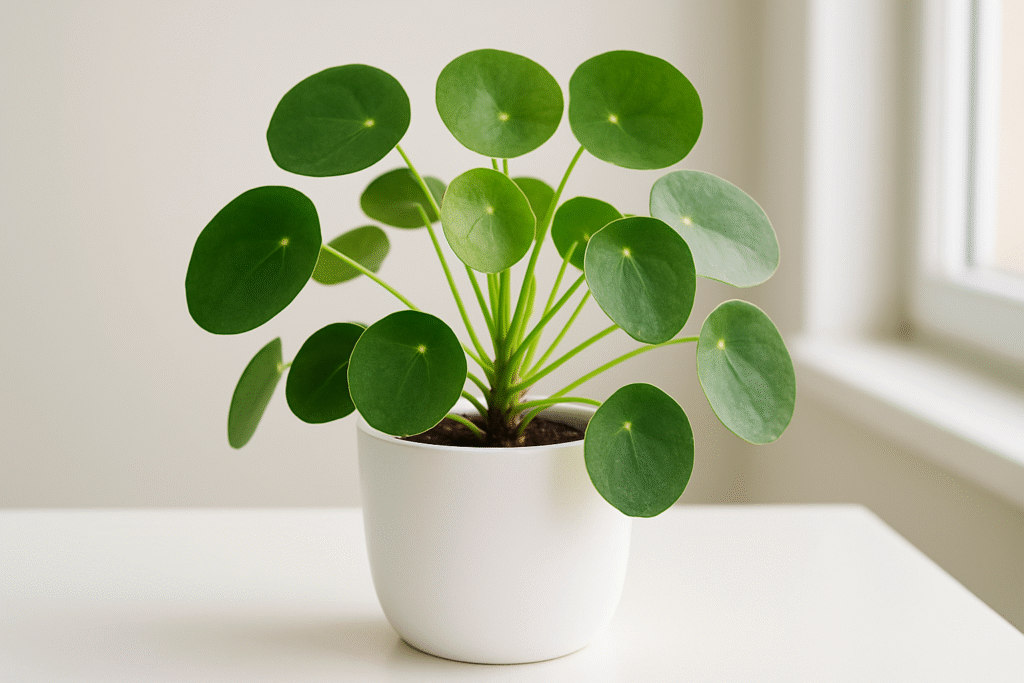 Pilea Plant with round green leaves in a modern white pot on a bright table.