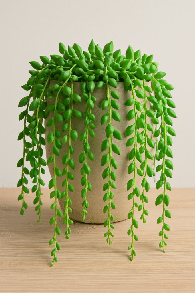 String of Tears Plant in a pot with trailing teardrop-shaped succulent leaves.