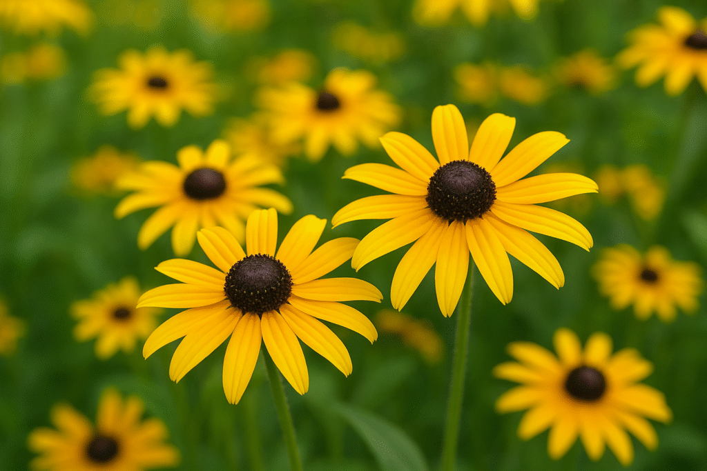 Bright Black-Eyed Susan flowers growing outdoors with yellow petals and dark central cones