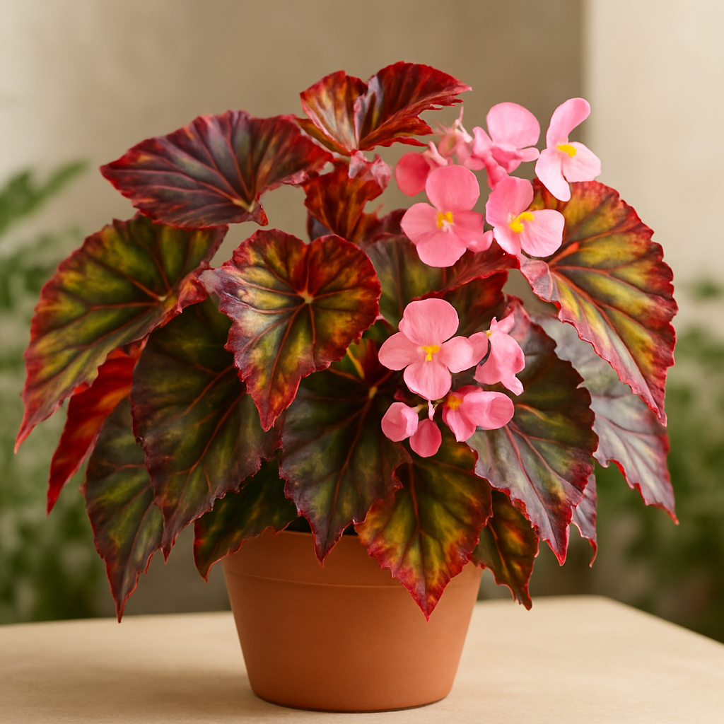 Beautiful Begonia plant with colorful leaves and bright flowers growing in a pot indoors