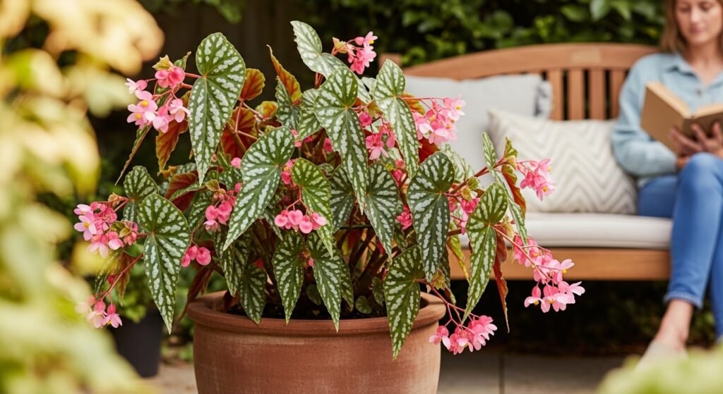 Flowering Angel Wing Begonia in a terracotta pot on a shaded garden patio