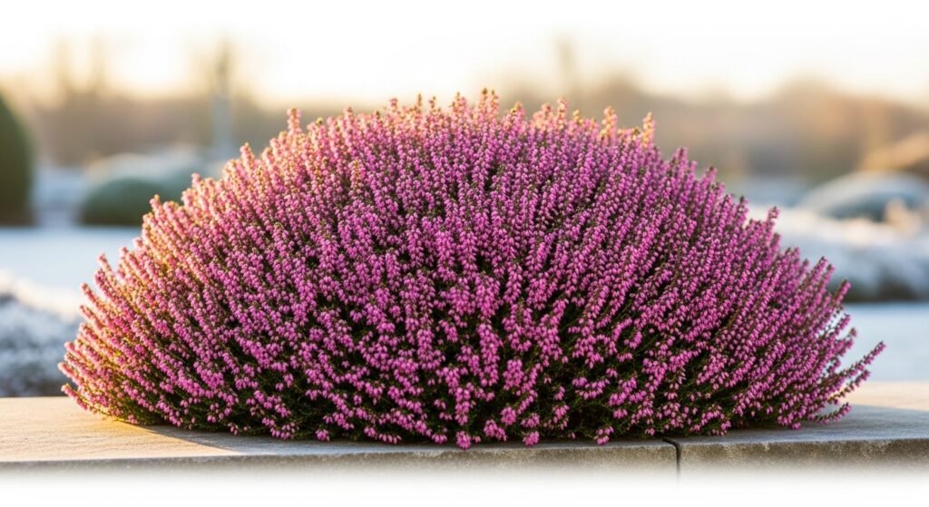 Flowering pink Italian Heather plant in full winter bloom with vibrant bell-shaped petals