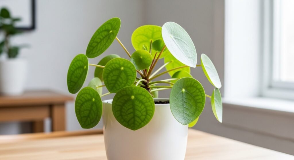 Symmetrical Chinese Money Plant with round green leaves in a white modern pot