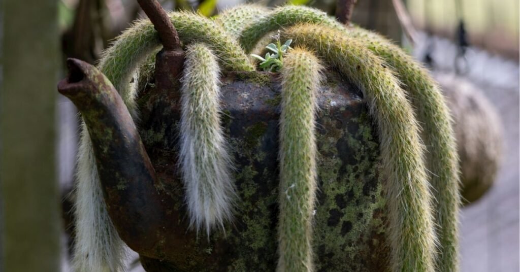 Monkey Tail Cactus with long fuzzy stems growing in a pot