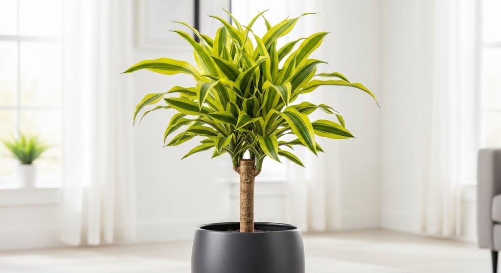 Vibrant Dracaena Lemon Lime plant with striped neon leaves in a charcoal pot
