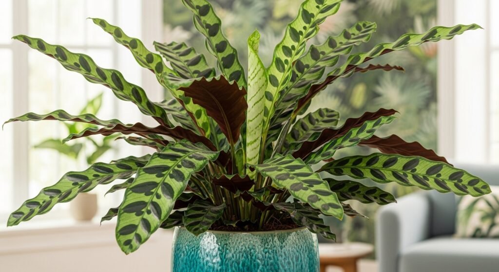 Vibrant Rattlesnake Plant with patterned wavy leaves in a teal ceramic pot